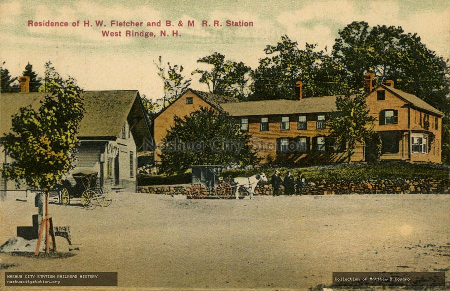 Postcard: Residence of H. W. Fletcher and Boston & Maine Railroad Station, West Rindge, New Hampshire